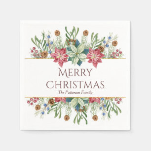 Merry Christmas Watercolor Winter Flowers Name Napkin