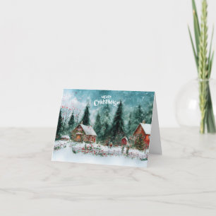Merry Christmas Watercolor Winter Village Card