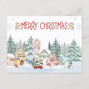 Merry Christmas Watercolor Winter Village Holiday Postcard