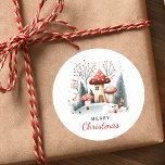 Merry Christmas Watercolor Winter Woodland  Classic Round Sticker<br><div class="desc">For your gift wrap needs. Watercolor winter woodland mushrooms Merry Christmas sticker.</div>