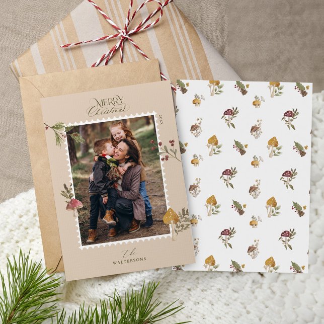 Merry Christmas Watercolor Woodsy Mushrooms Photo Holiday Card (Merry Christmas Watercolor Woodsy Mushrooms Photo Holiday Card)