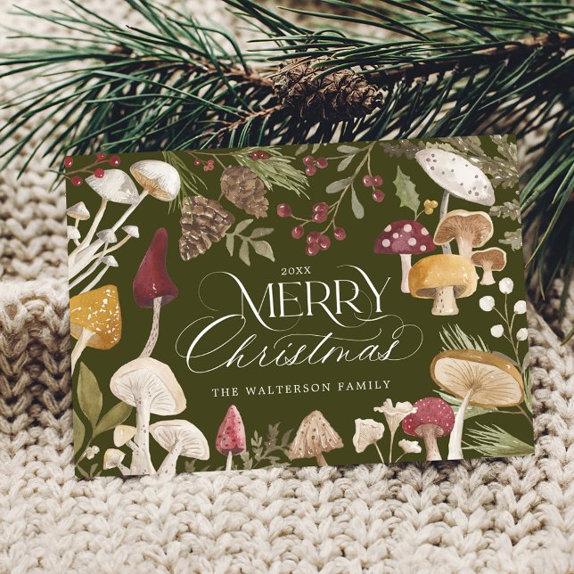 Merry Christmas Watercolor Woodsy Mushrooms Photo Holiday Card (Merry Christmas Watercolor Woodsy Mushrooms Photo Holiday Card (Front))