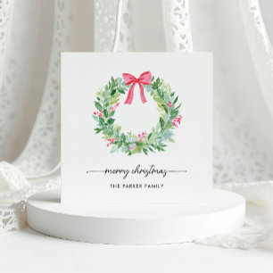 Merry Christmas Watercolor Wreath and Red Bow Holiday Card