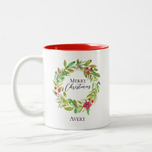 Merry Christmas Watercolor wreath Custom Two-Tone Coffee Mug