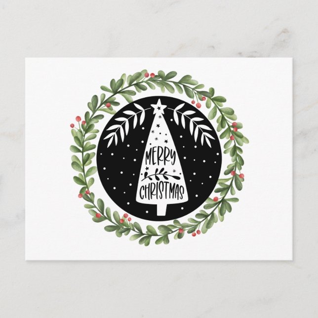 Merry Christmas Watercolor Wreath Holiday Postcard (Front)