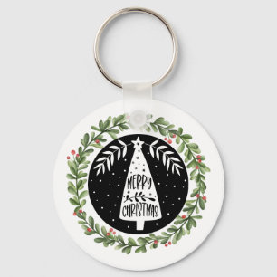 Merry Christmas Watercolor Wreath Keychain