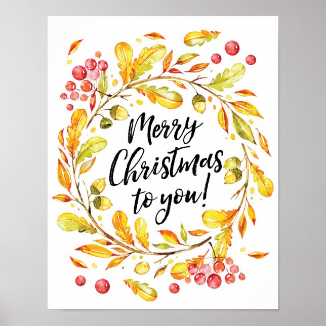 Merry Christmas watercolor wreath poster print (Front)