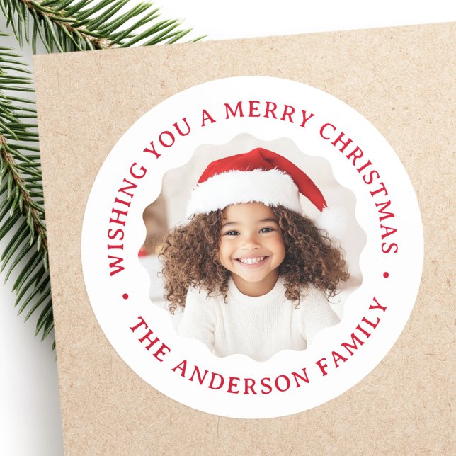Merry Christmas wavy border red photo Classic Round Sticker (Merry Christmas wavy border red photo Classic Round Sticker)