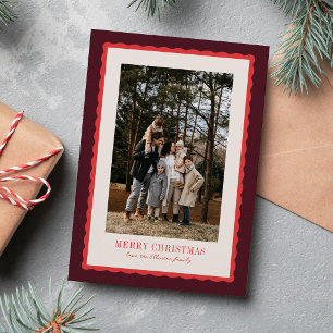 Merry Christmas wavy frame red burgundy photo Holiday Card