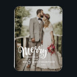 Merry Christmas | Wedding Photo Christmas  Magnet<br><div class="desc">This Christmas magnet is perfect for showcasing your favourite wedding photo.  The front has full opening for your photo and the word "Merry" in a bold white script font with options to personalize with your last name and year.</div>