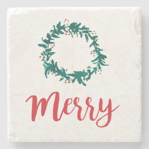 Merry Christmas Welcome Wreath with Berries Decor Stone Coaster