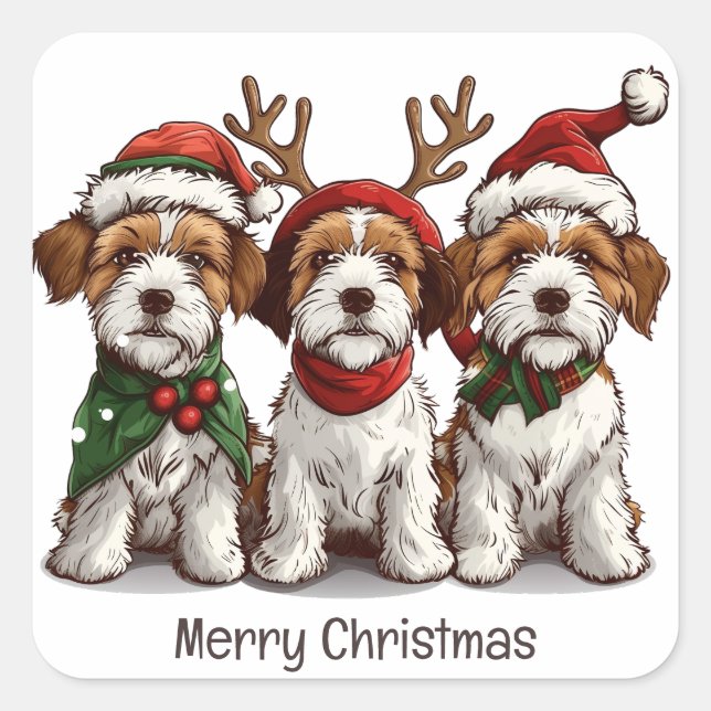 Merry Christmas Welsh Wire Fox Terrier Dogs Square Sticker (Front)