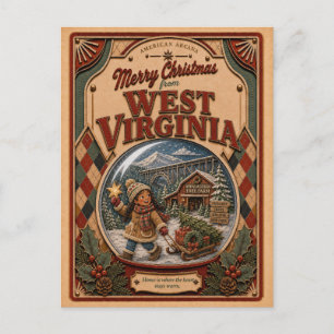 Merry Christmas West Virginia Vintage Snow Globe Holiday Postcard
