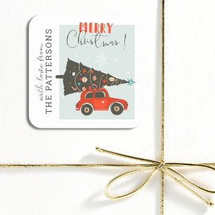 Merry Christmas Whimsical Car Tree Personalized Square Sticker