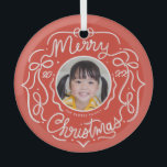 Merry Christmas Whimsical Doodle Photo Glass Ornament<br><div class="desc">Photo ornament with editable year and name.  Crop and resize your photo to suit the shape. Choose any ornament style</div>