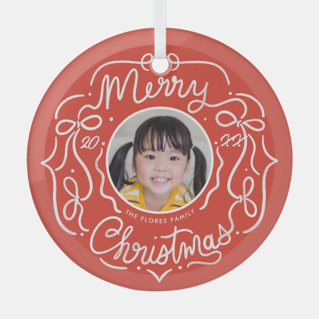 Merry Christmas Whimsical Doodle Photo Glass Ornament (Front)