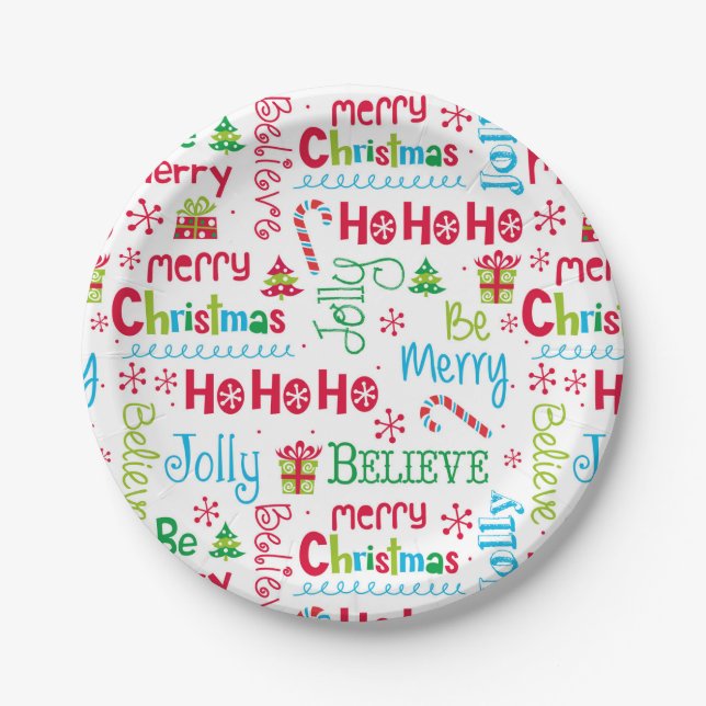 Merry Christmas Whimsical Modern Jolly Typography Paper Plate (Front)