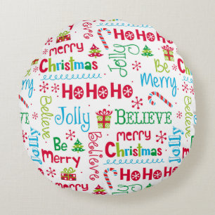 Merry Christmas Whimsical Modern Jolly Typography Round Pillow