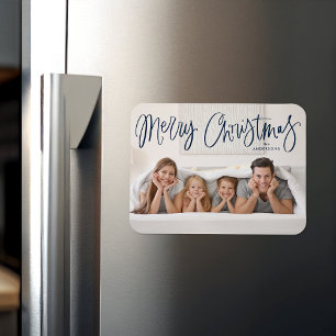 Merry Christmas Whimsical Navy Script Photo Magnet