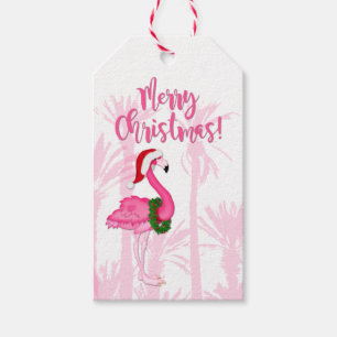 Merry Christmas Whimsical Pink Flamingo Palm Trees Gift Tags
