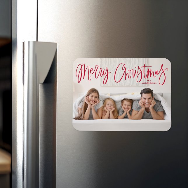 Merry Christmas Whimsical Red Script Holiday Photo Magnet (Creator Uploaded)