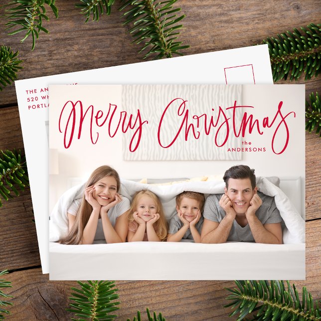Merry Christmas Whimsical Red Script Photo Holiday Postcard (Creator Uploaded)