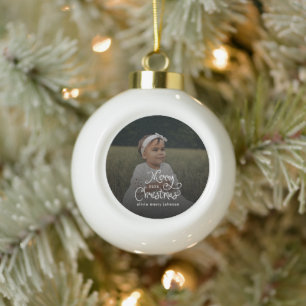 Merry Christmas Whimsical Script  Baby Photo  Ceramic Ball Christmas Ornament