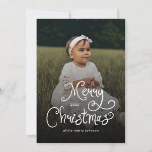 Merry Christmas Whimsical Script Baby Photo Holiday Card