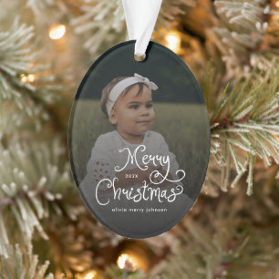 Merry Christmas Whimsical Script Baby Photo Ornament