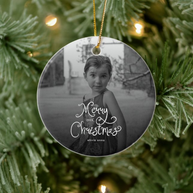 Merry Christmas Whimsical Script custom Photo Dog Ceramic Ornament (Tree)