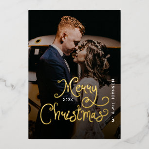 Merry Christmas Whimsical Script Custom Photo Foil Holiday Card