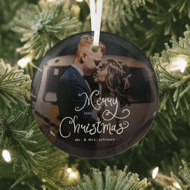 Merry Christmas Whimsical Script  Custom Photo  Glass Ornament (Insitu)
