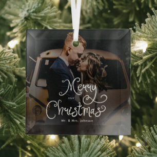 Merry Christmas Whimsical Script Custom Photo Glass Ornament