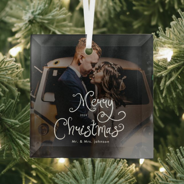 Merry Christmas Whimsical Script  Custom Photo  Glass Ornament (Insitu)