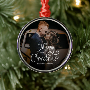 Merry Christmas Whimsical Script  Custom Photo  Metal Ornament