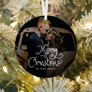 Merry Christmas Whimsical Script Custom Photo Metal Ornament