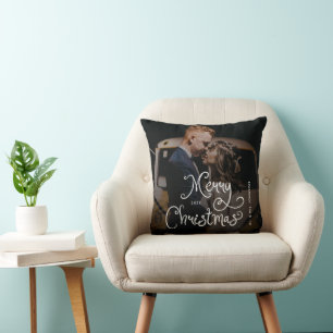 Merry Christmas Whimsical Script  Custom Photo  Throw Pillow