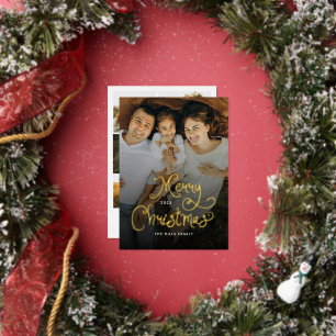 Merry Christmas Whimsical Script Family 7 Photos Foil Holiday Card