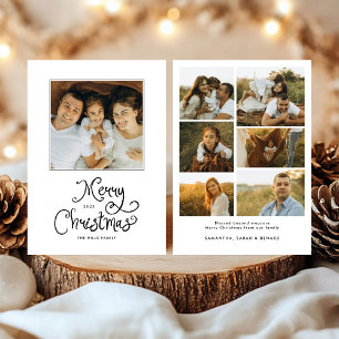 Merry Christmas Whimsical Script  Family 7 Photos Holiday Card