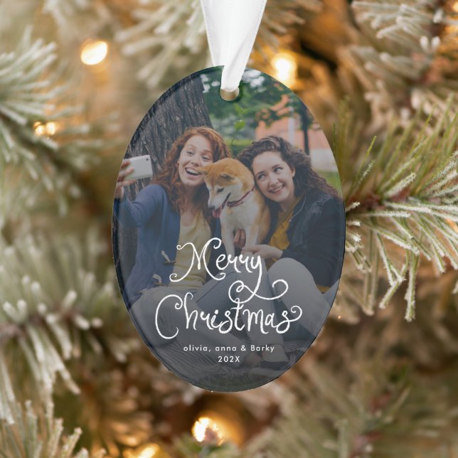 Merry Christmas Whimsical Script Family Photo Dog (Arbre)