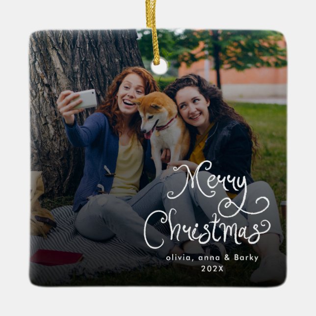 Merry Christmas Whimsical Script Family Photo Dog Ceramic Ornament (Front)