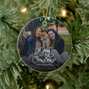 Merry Christmas Whimsical Script Family Photo Dog Ceramic Ornament