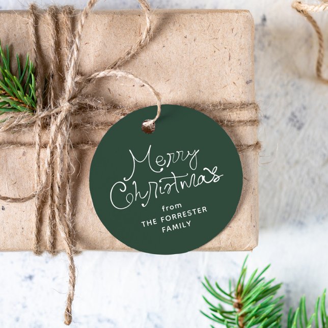Merry Christmas whimsical script green gift tag (Creator Uploaded)