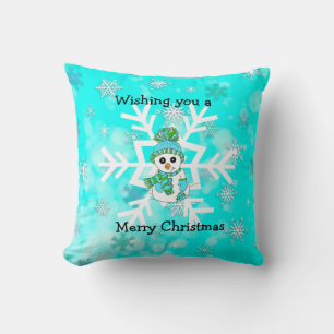 Merry Christmas Whimsical Snowman and Snowflake Throw Pillow