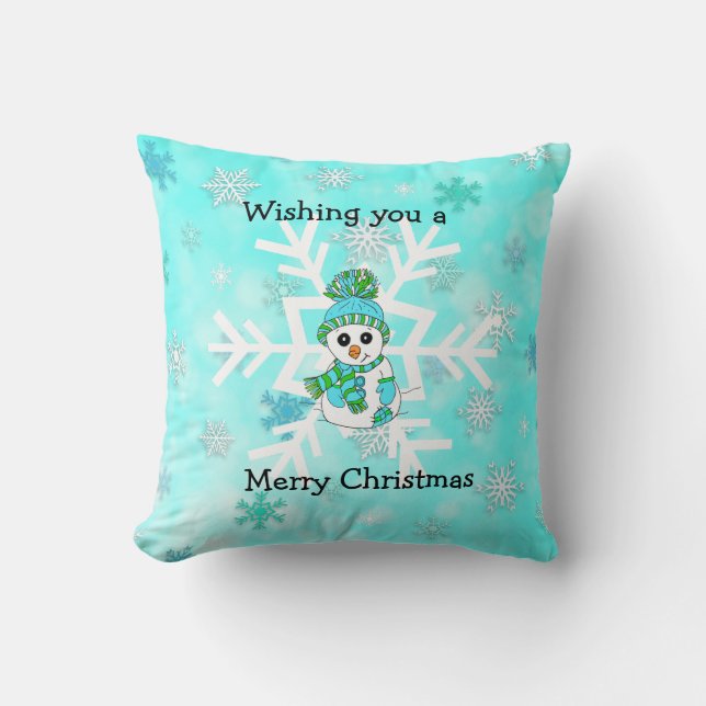 Merry Christmas Whimsical Snowman and Snowflake Throw Pillow (Front)