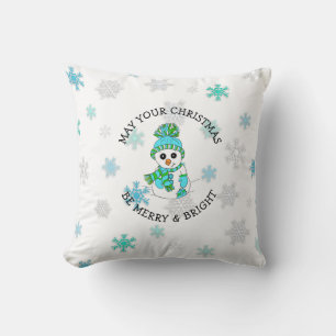 Merry Christmas Whimsical Snowman and Snowflake Throw Pillow
