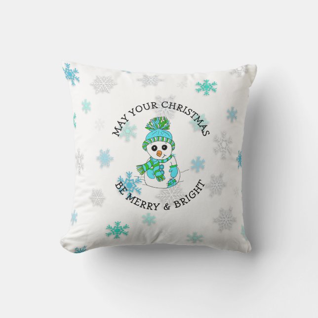 Merry Christmas Whimsical Snowman and Snowflake Throw Pillow (Front)