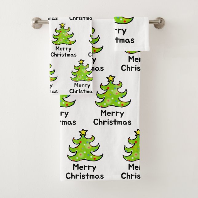 Merry Christmas Whimsical Tree Design Bath Towel Set (Insitu)