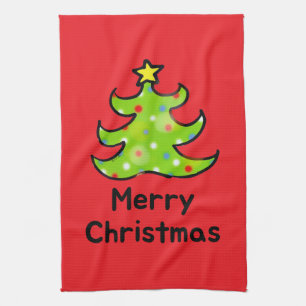 Merry Christmas Whimsical Tree Design Kitchen Towel