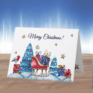 Merry Christmas Whimsical Watercolor Red Blue Gold Holiday Card